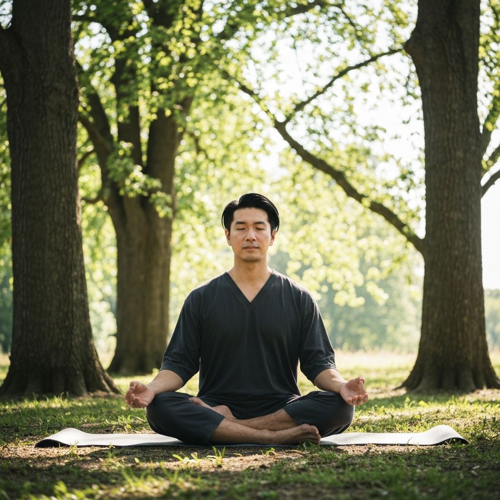 Man meditating in peaceful outdoor setting